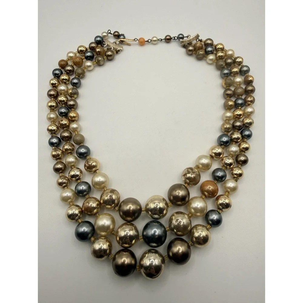 Vintage Faux Pearl Necklace Triple Strand Gold Tone Blue Cream Orange 14-15.5